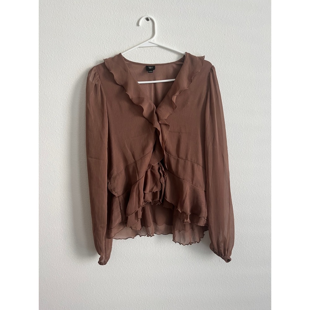 Autres‎ Filles Brown Ruffle V-Neck Long Sleeve Chiffon Blouse Small